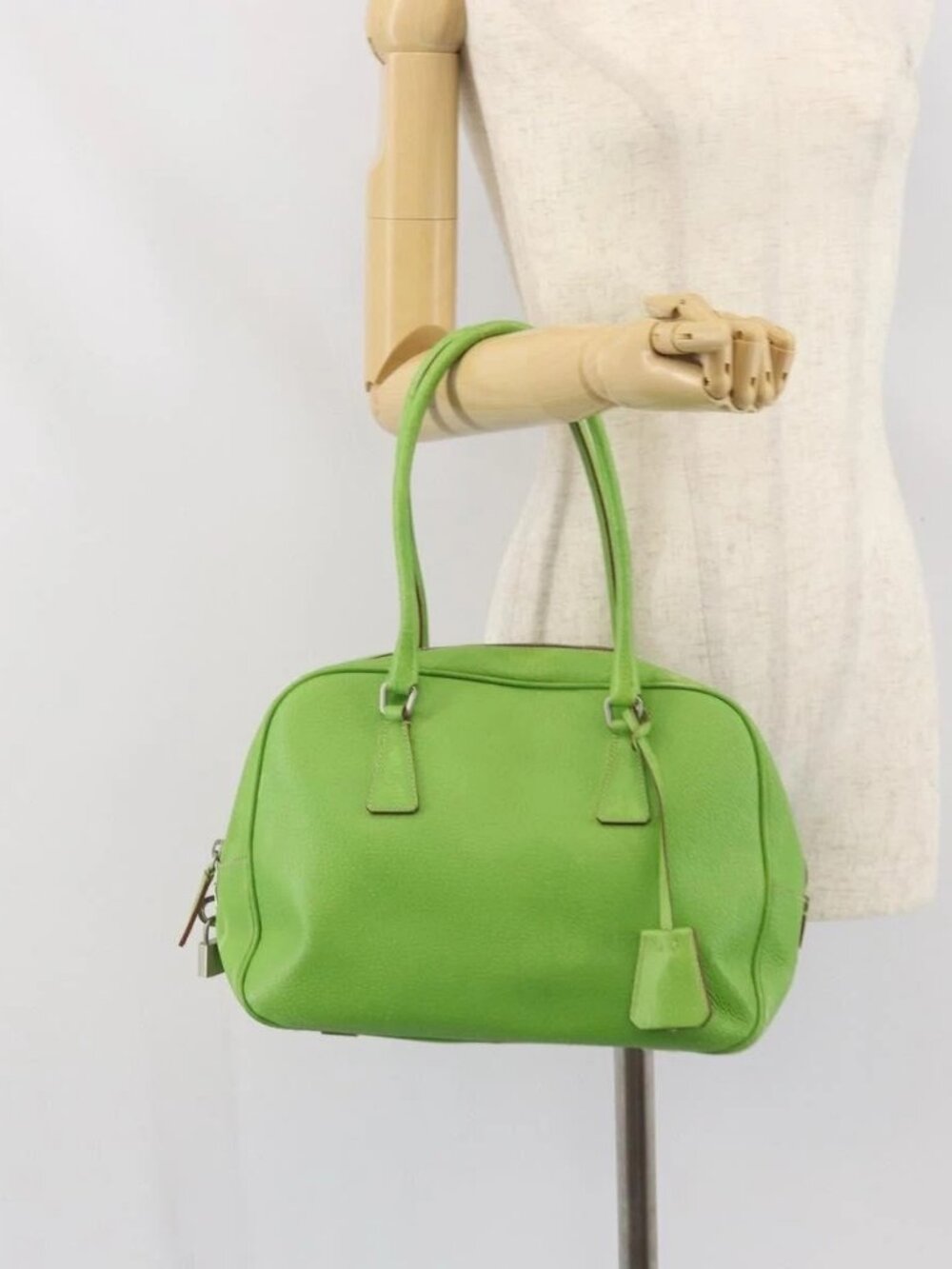 PRADA Hand Bag Leather Silver Light green